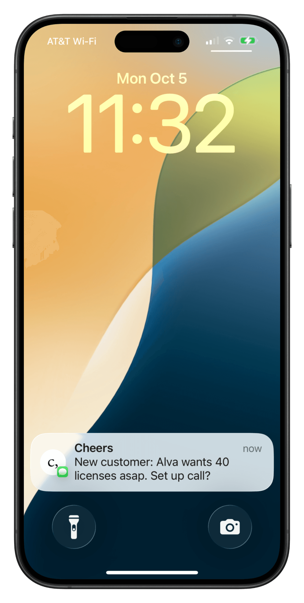 iPhone lock screen with a Cheers notification about an important new email