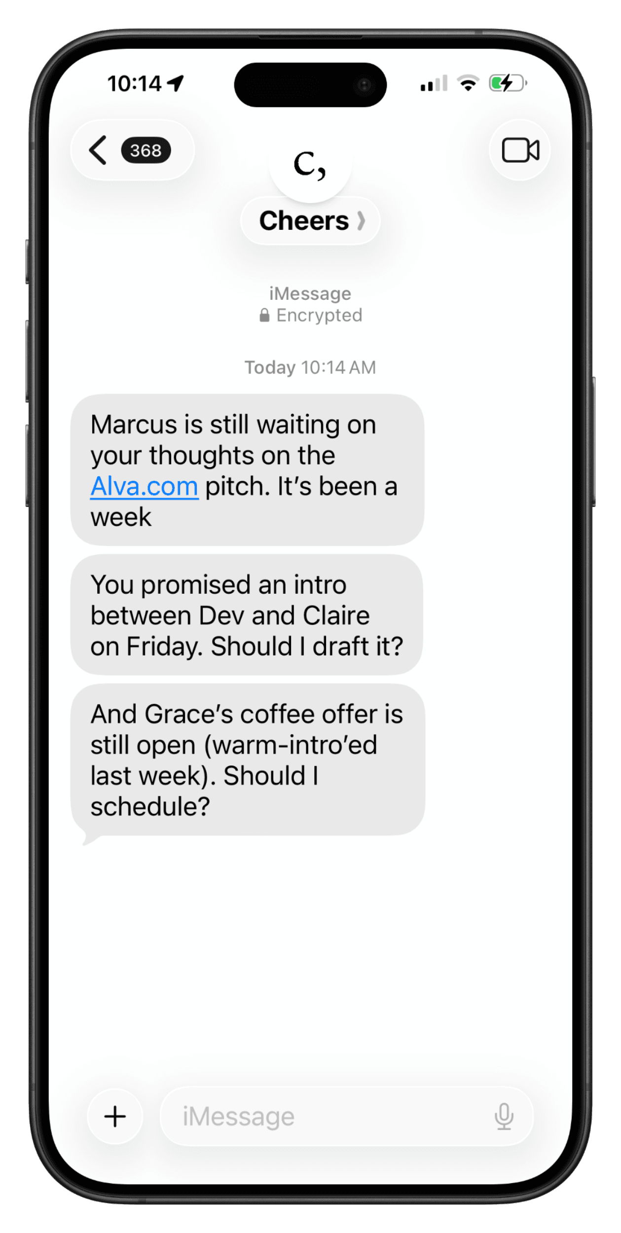 iMessage thread where Cheers nudges about overdue emails and promised intros