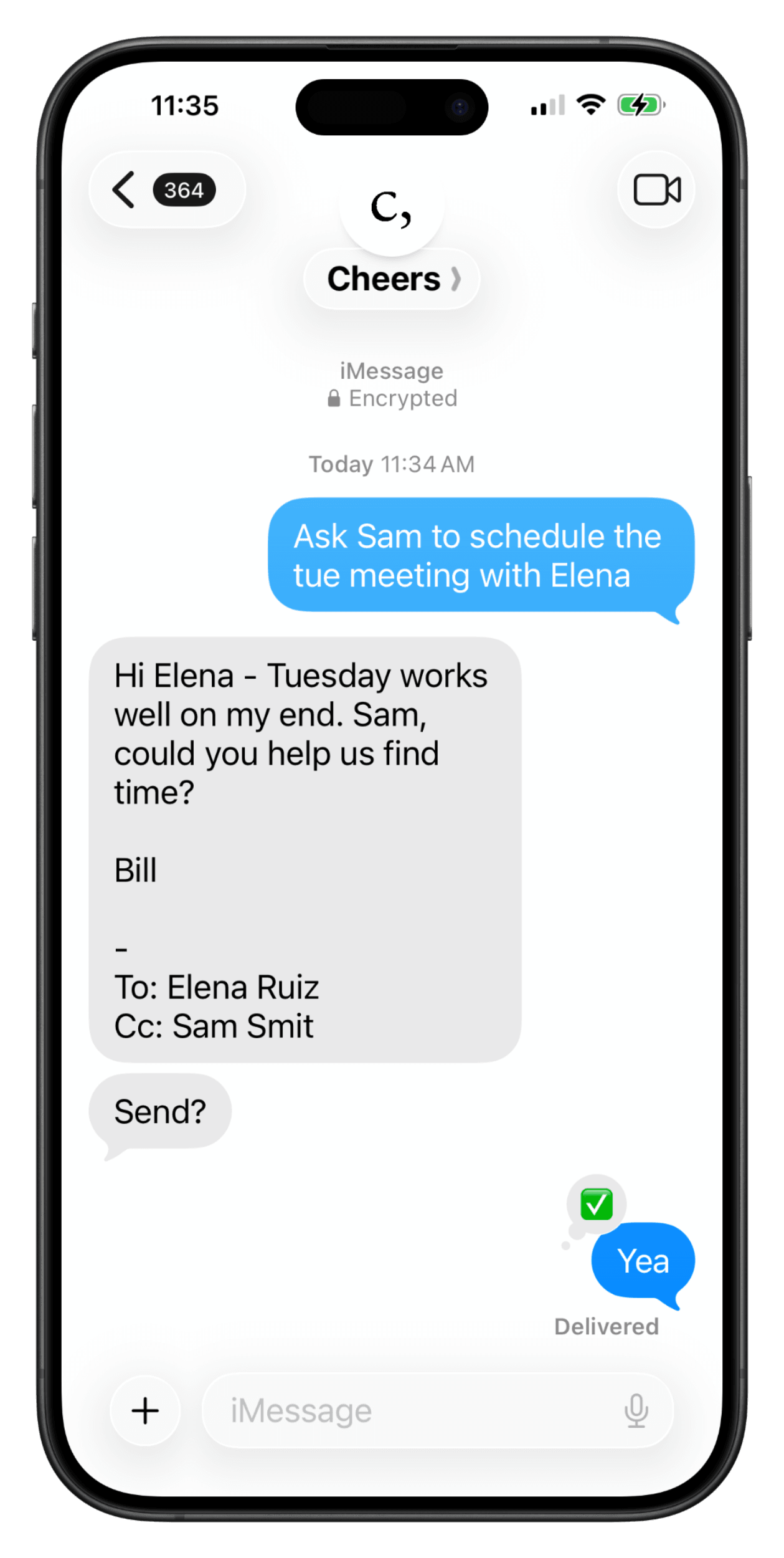 iMessage thread where Cheers drafts an email and sends it after a quick approval