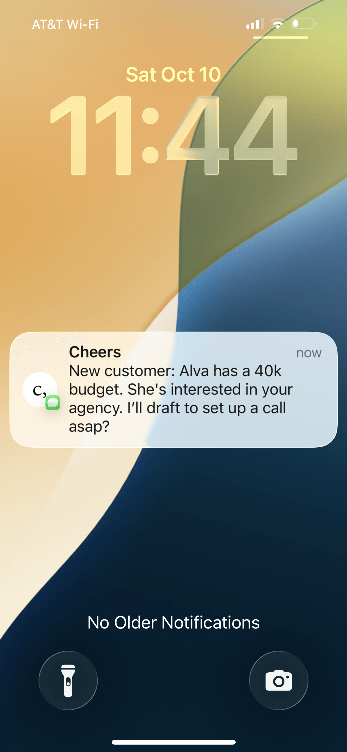 iPhone lock screen with a Cheers notification: new customer Alva has a 40k budget — I'll draft to set up a call asap?