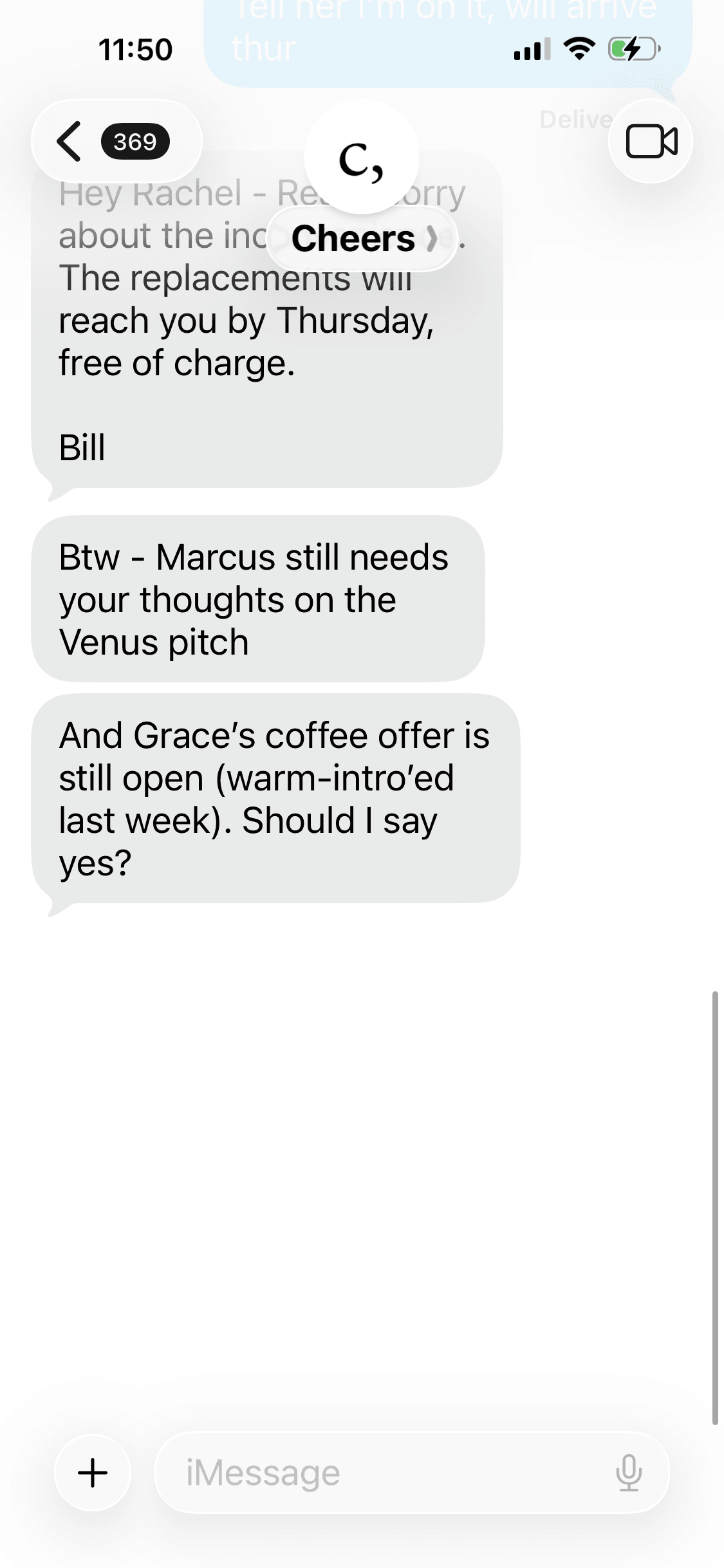 iMessage thread: Cheers nudges that Marcus still needs your thoughts on the Venus pitch, and that Grace's coffee offer is still open