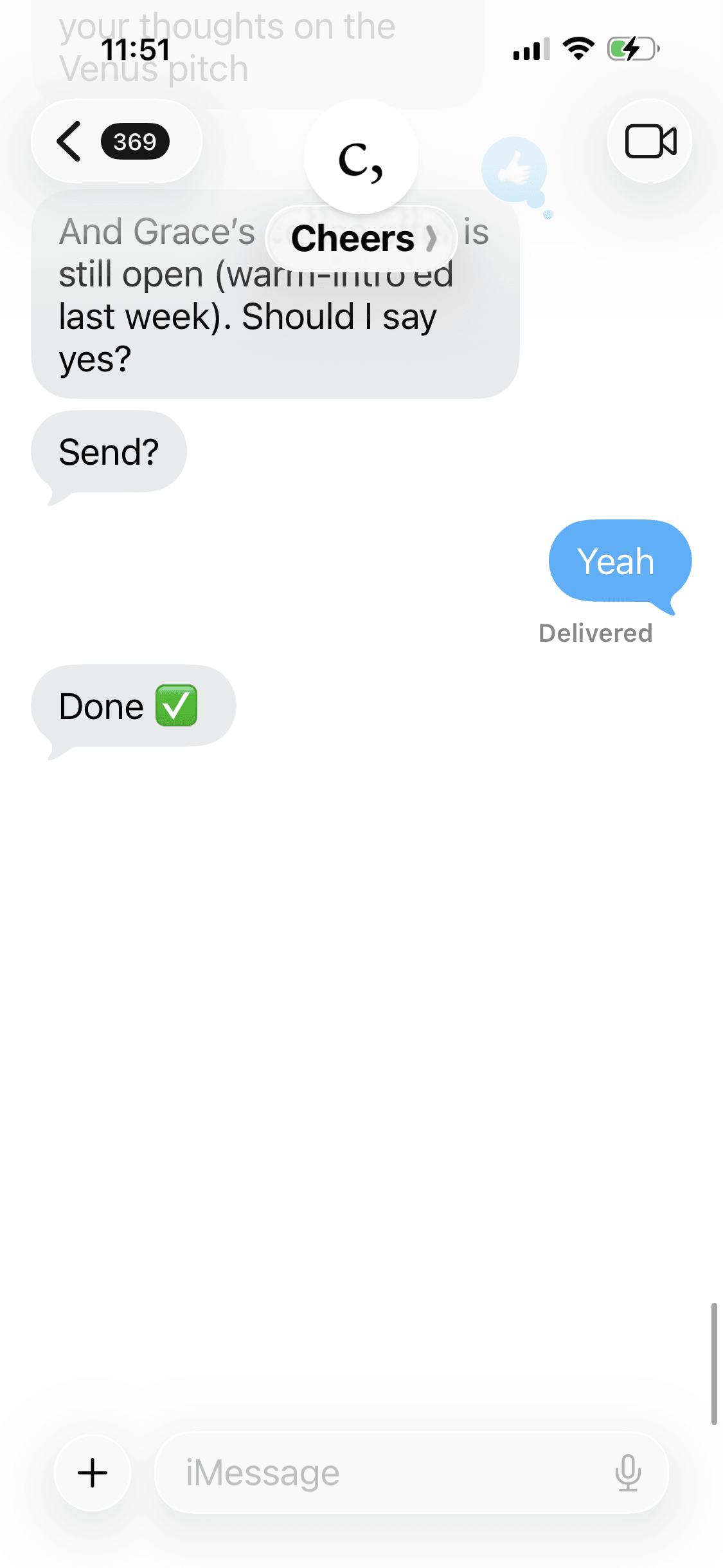 iMessage thread: Cheers asks 'Send?', you reply 'Yeah', and Cheers confirms 'Done'