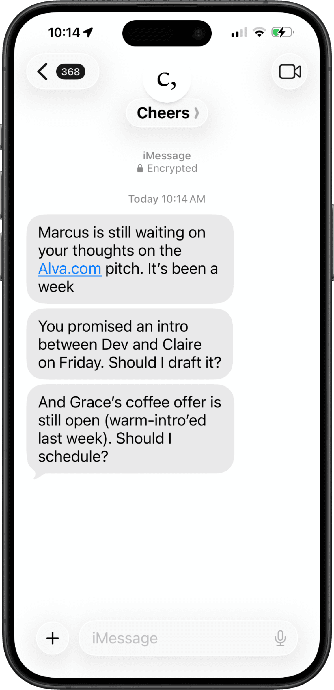 iMessage thread where Cheers nudges about overdue emails and promised intros