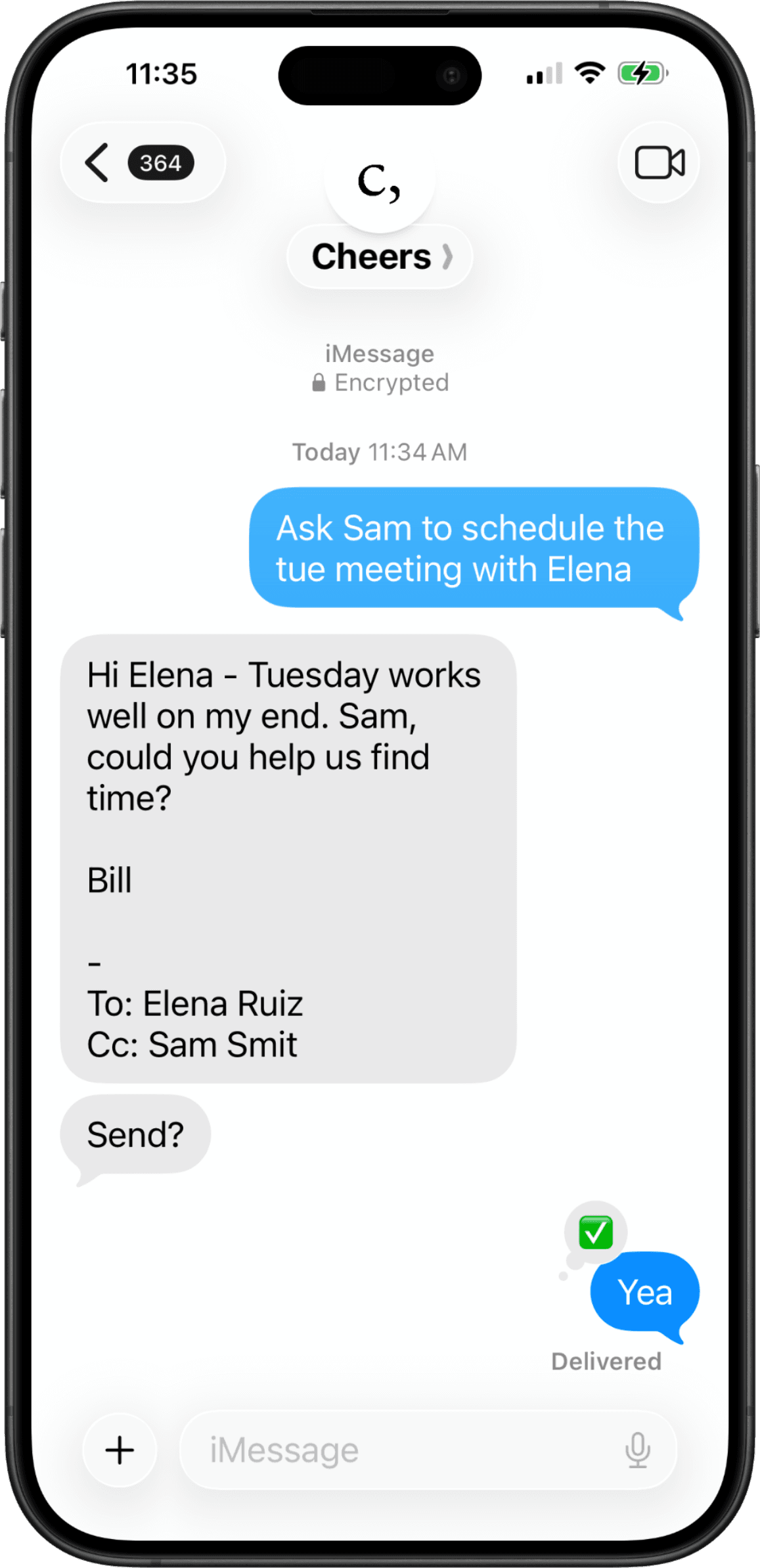 iMessage thread where Cheers drafts an email and sends it after a quick approval